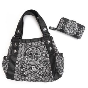 Lounge Fly Black Skull Shoulder Tote Bag Purse Set